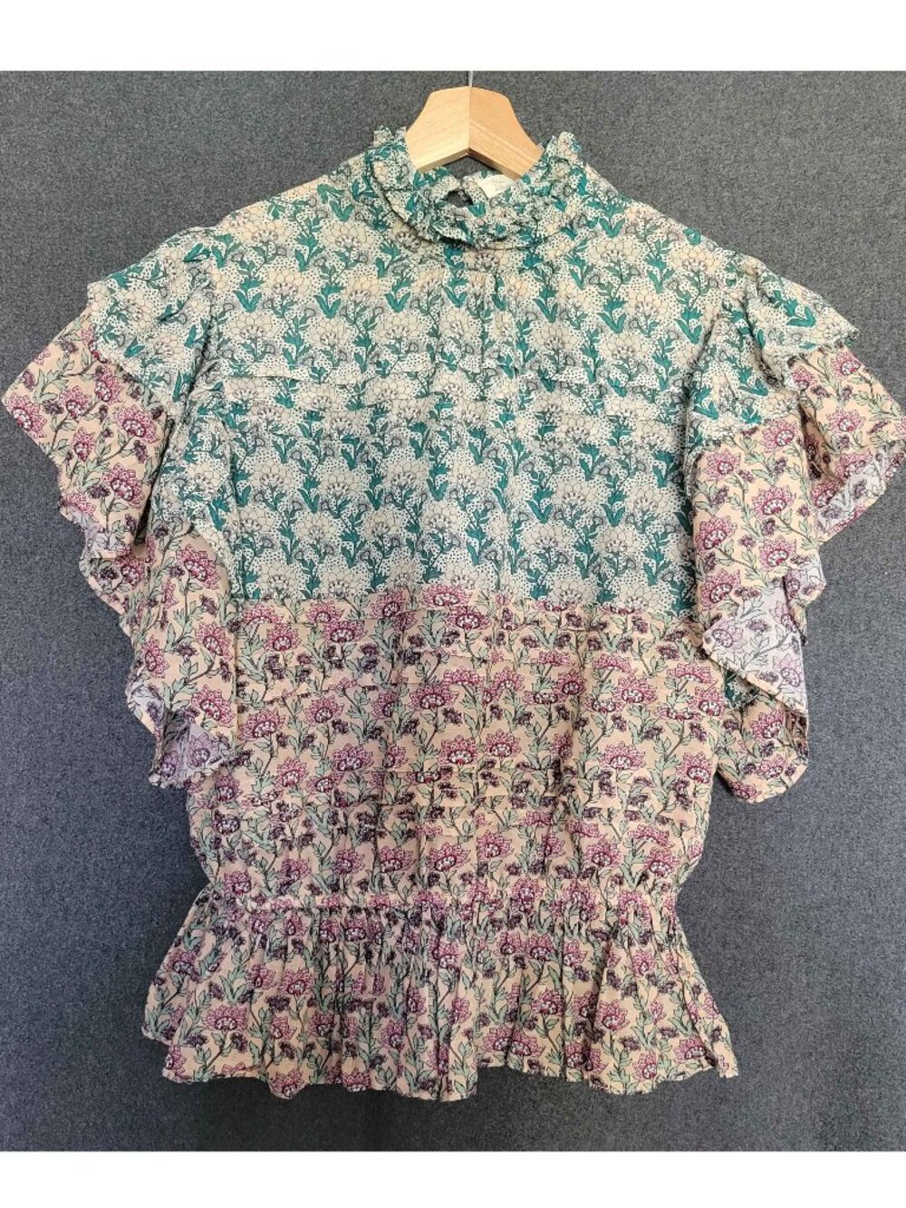 Let Me Be High Neck Printed Peasant Peplum Floral Blouse Tiered Sleeve Prairie S